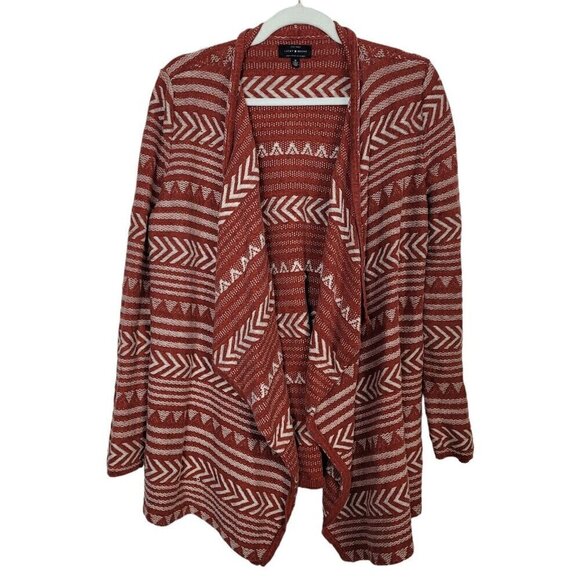 Lucky Brand Sz Med Aztec Tribal Knit Open Front Cardigan Sweater Heavyweight - Picture 1 of 8